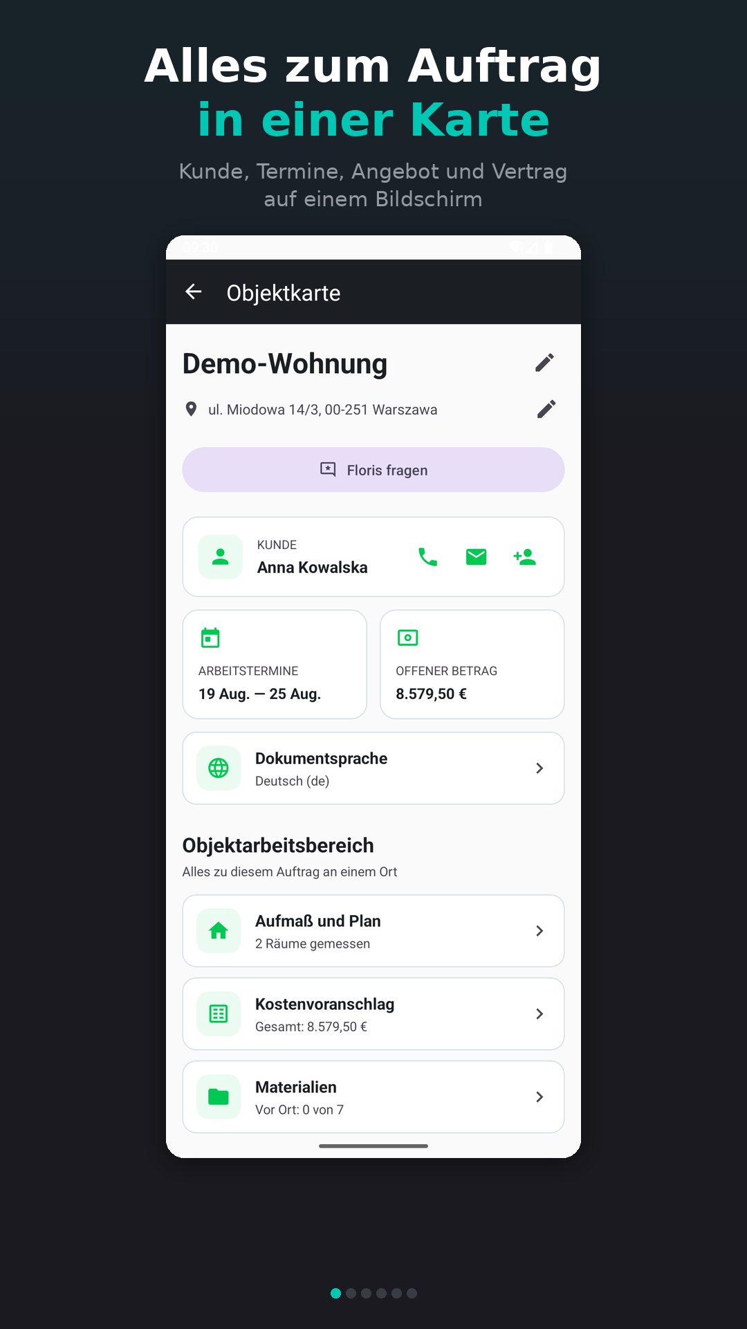Projektkarte mit Kunde, Arbeitsterminen, Kalkulation und Vertrag auf einem Bildschirm