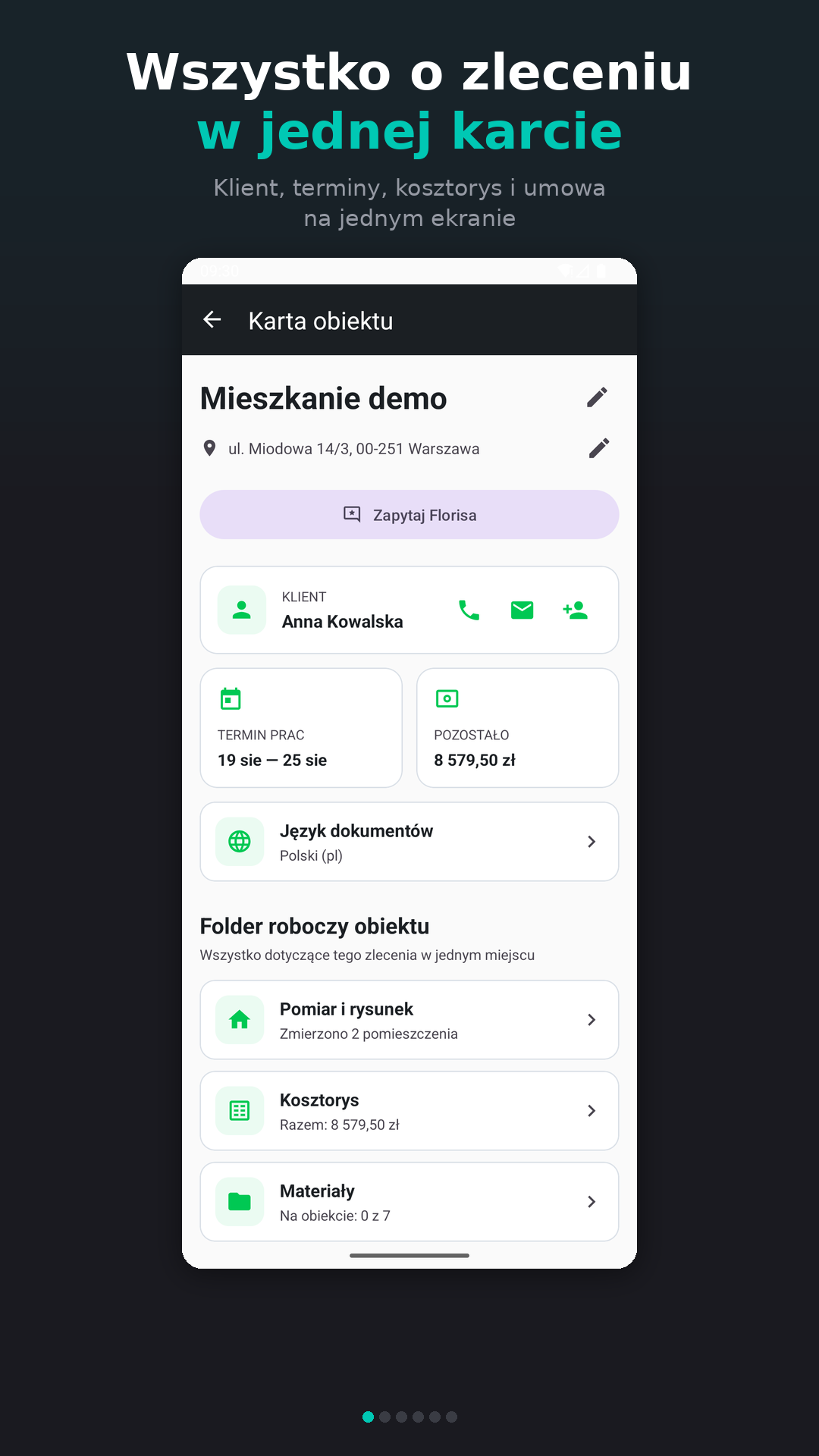Karta projektu z klientem, terminami prac, kosztorysem i umową na jednym ekranie
