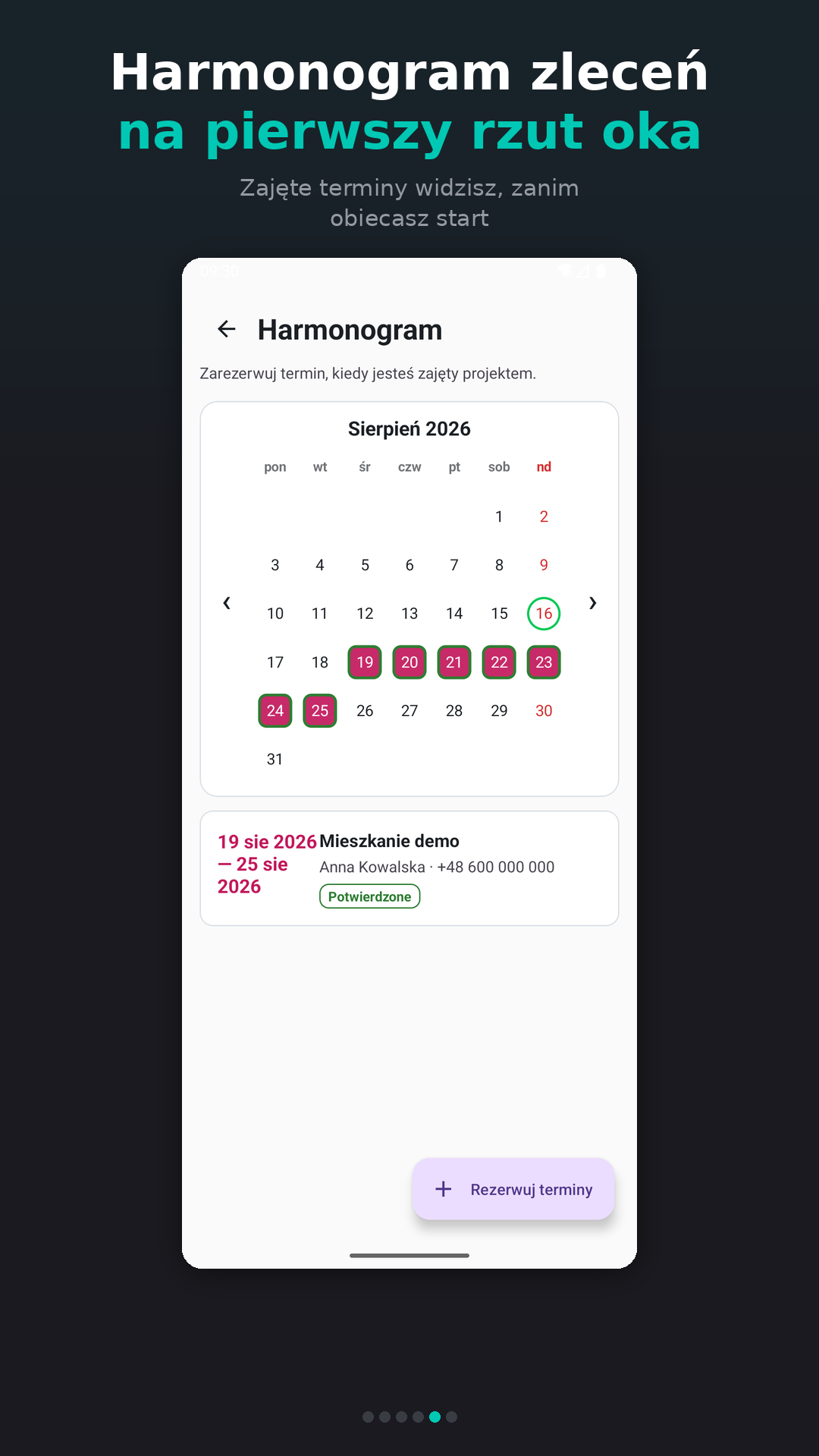 Harmonogram prac z zarezerwowanymi terminami