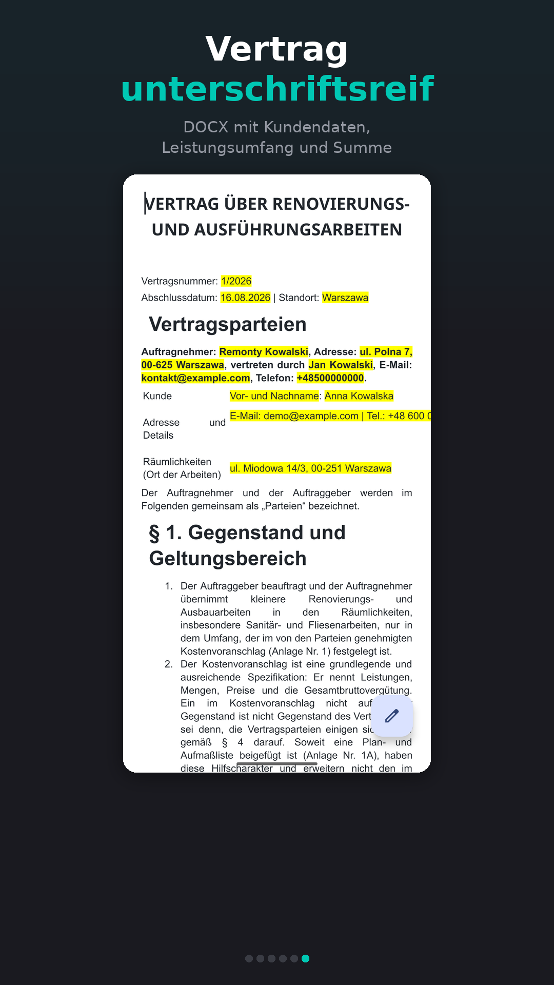 DOCX-Vertrag mit Kundendaten, Leistungsumfang und Summe