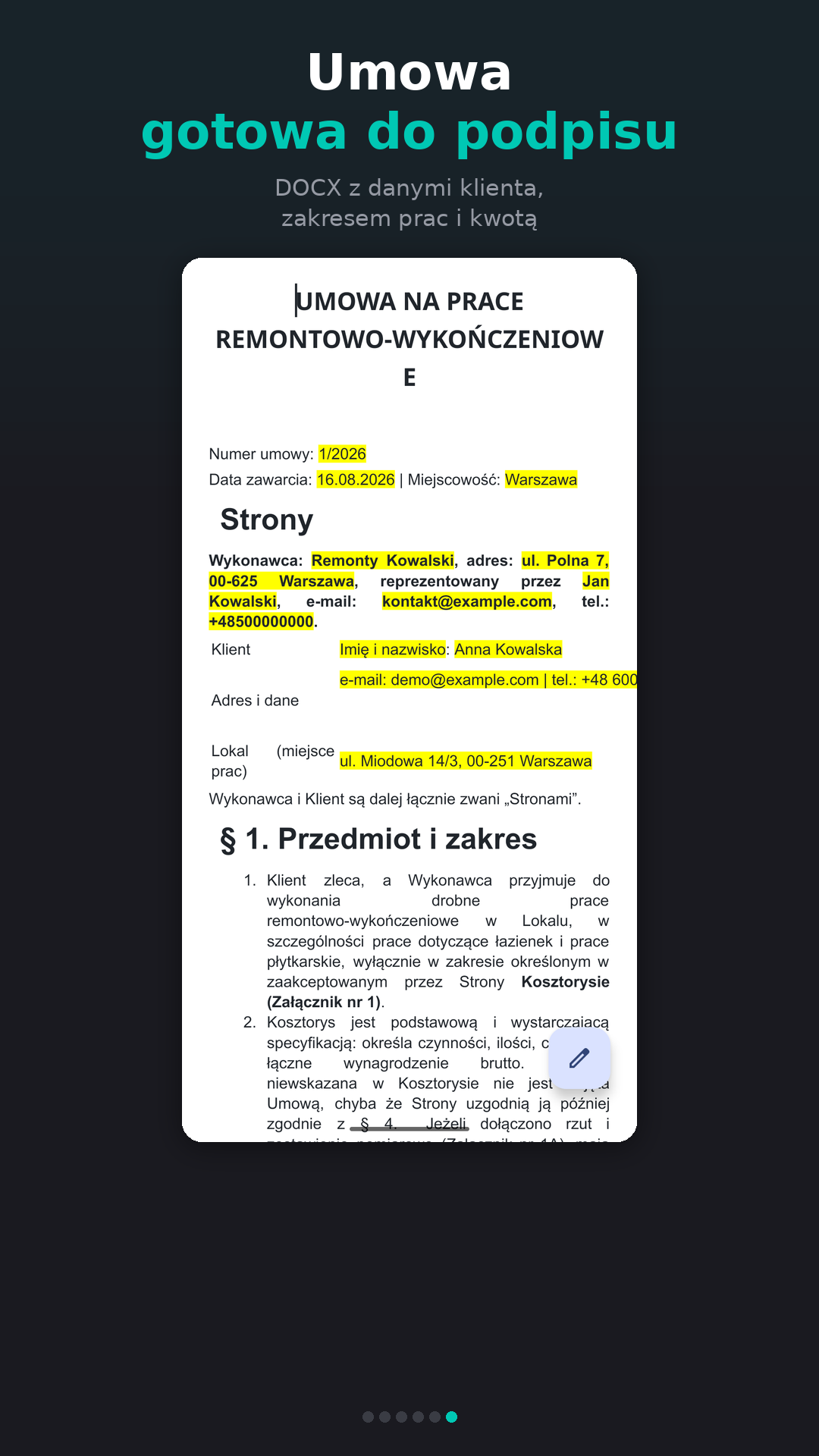 Umowa DOCX z danymi klienta, zakresem prac i kwotą